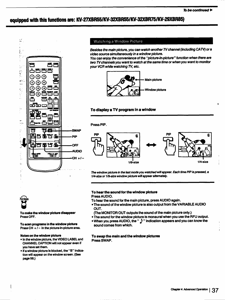 To display a tv program in a window | Sony KV-27XBR55 User Manual | Page 37 / 70