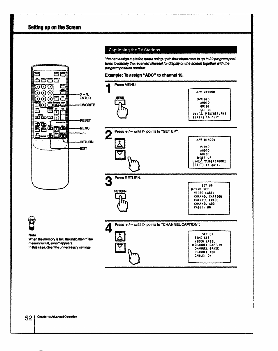 Setting up on the screen | Sony KV-27XBR55 User Manual | Page 52 / 70