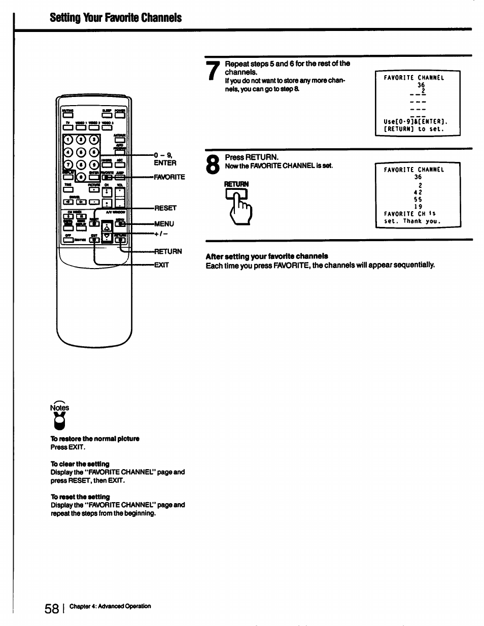 Setting ybur rivorite channels, Setting your favorite channel | Sony KV-27XBR55 User Manual | Page 58 / 70