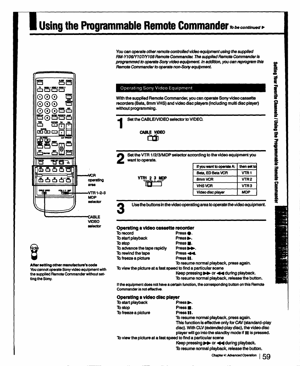 Operating a video disc piayer, Using the programmable remote commander | Sony KV-27XBR55 User Manual | Page 59 / 70