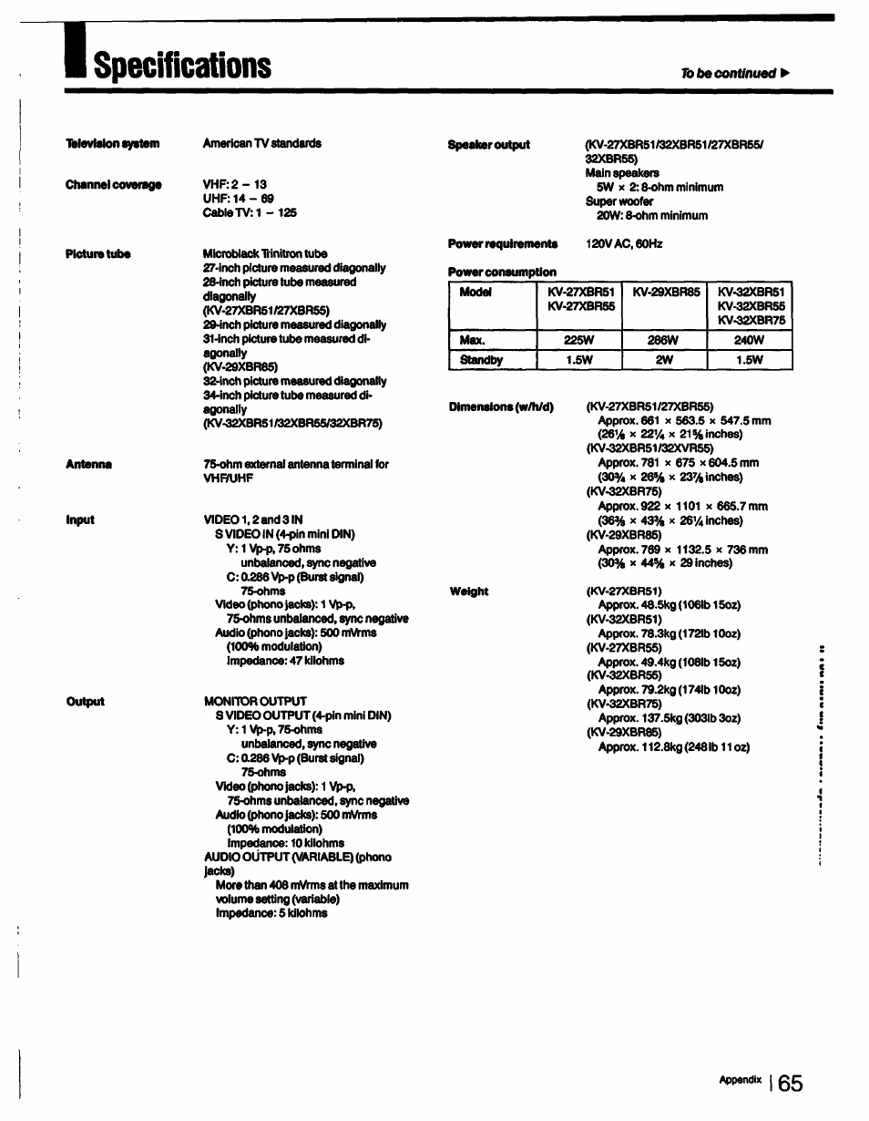 Ibbecontfnuetf, Specifications | Sony KV-27XBR55 User Manual | Page 65 / 70