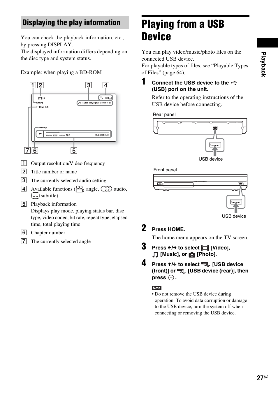 Displaying the play information, Playing from a usb device, E 27) | Sony BDV-T58 User Manual | Page 27 / 72