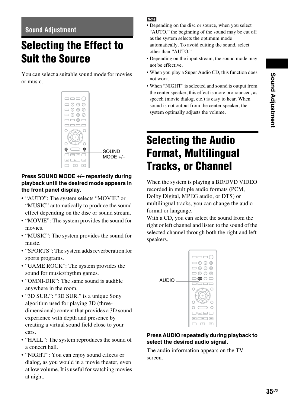 Sound adjustment, Selecting the effect to suit the source, Selecting the effect to suit | The source, Selecting the audio format, multilingual, Tracks, or channel, Es 35, E 35), Sou nd adj u stm e nt | Sony BDV-T58 User Manual | Page 35 / 72