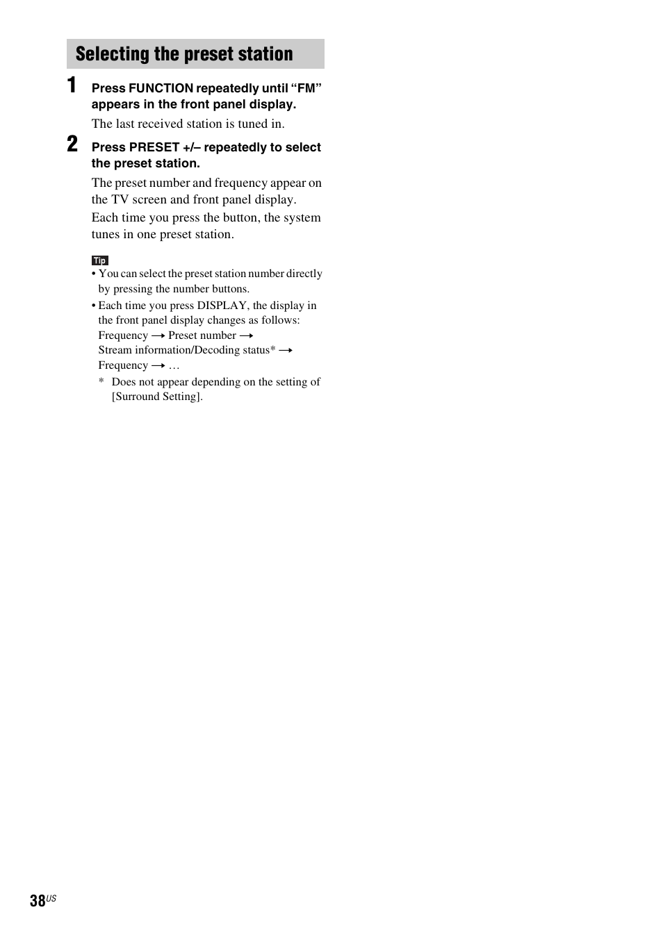 Selecting the preset station, Es 38 | Sony BDV-T58 User Manual | Page 38 / 72