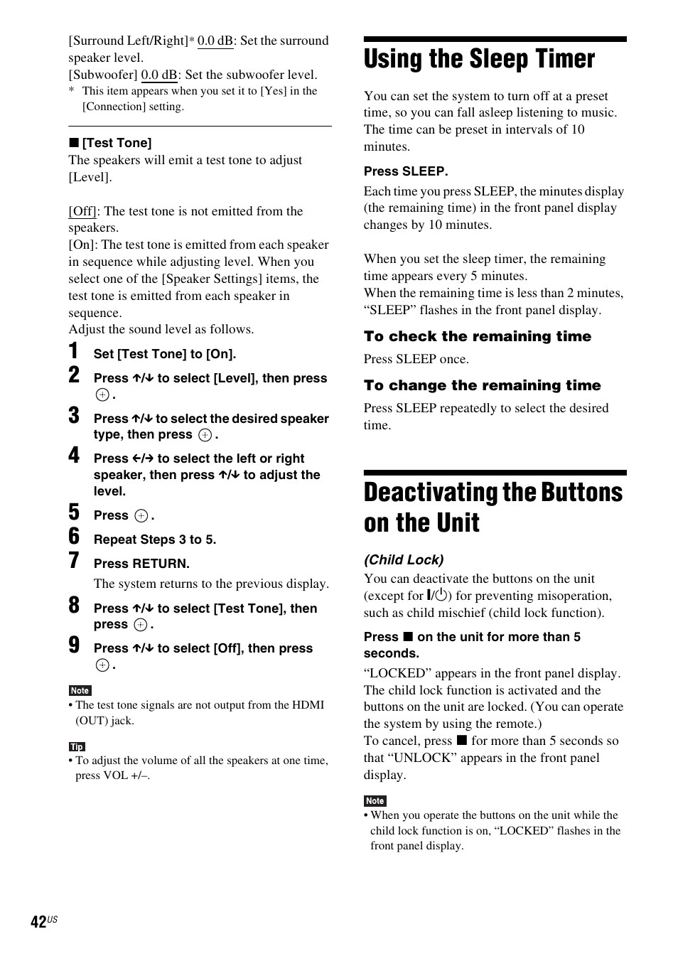 Using the sleep timer, Deactivating the buttons on the unit, Using the sleep timer deactivating the buttons on | The unit, E 42) | Sony BDV-T58 User Manual | Page 42 / 72
