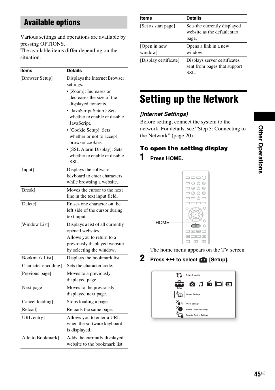 Available options, Setting up the network | Sony BDV-T58 User Manual | Page 45 / 72
