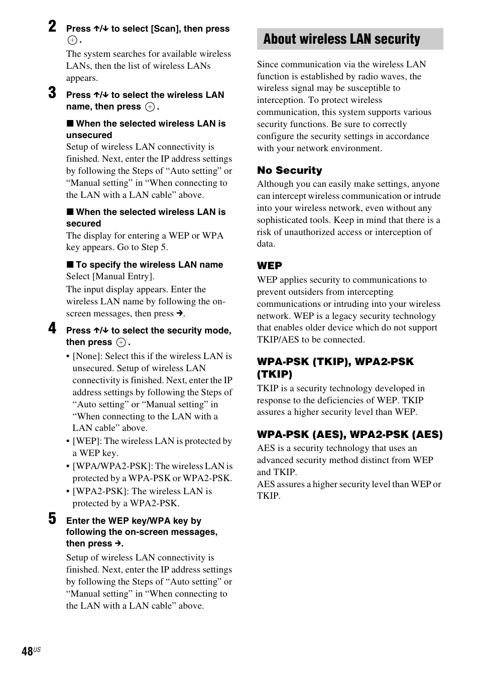 About wireless lan security | Sony BDV-T58 User Manual | Page 48 / 72