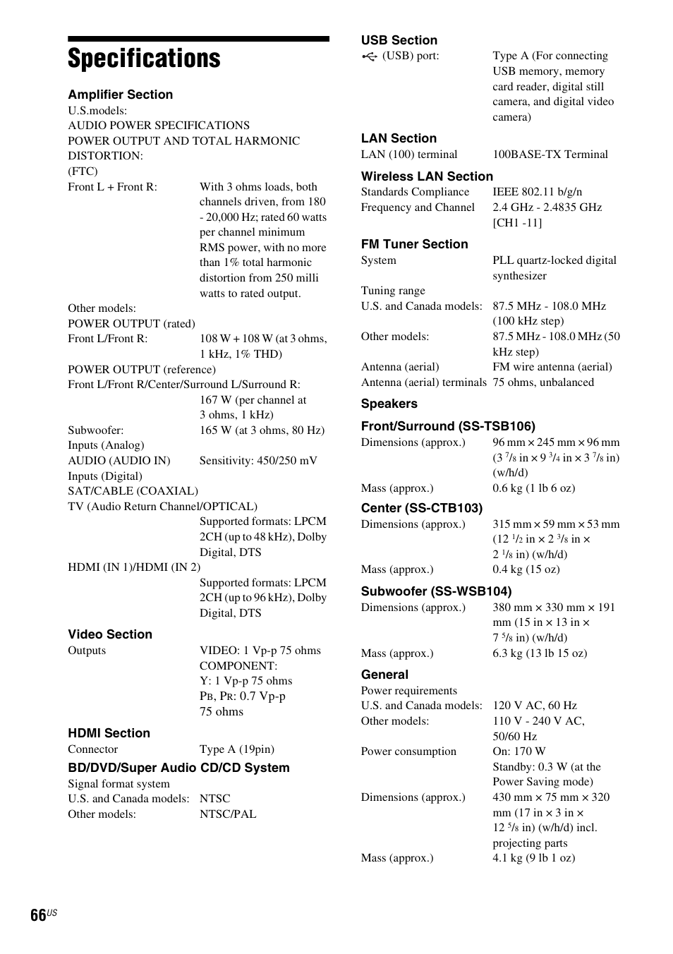 Specifications | Sony BDV-T58 User Manual | Page 66 / 72