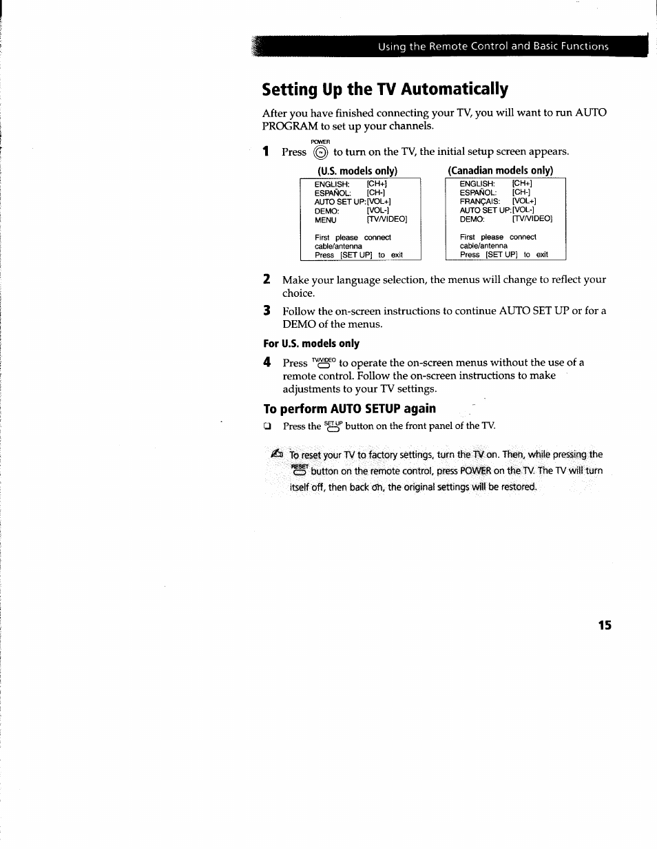 Setting up the tv automatically, To perform auto setup again | Sony KV-27V66 User Manual | Page 16 / 39