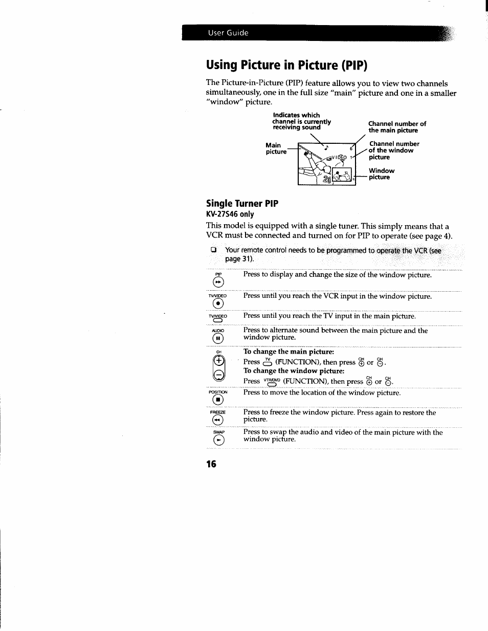 Using picture in picture (pip), Single turner pip | Sony KV-27V66 User Manual | Page 17 / 39