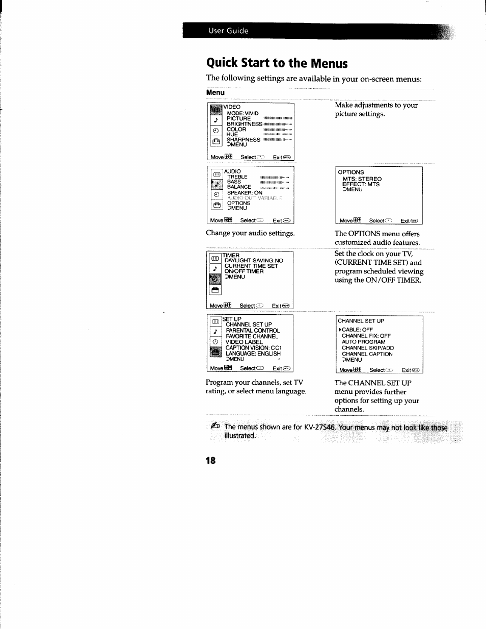 Quick start to the menus | Sony KV-27V66 User Manual | Page 19 / 39