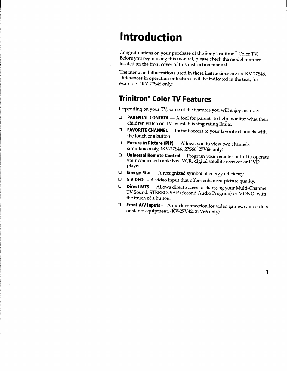 Trinitron® color tv features, Introduction | Sony KV-27V66 User Manual | Page 2 / 39