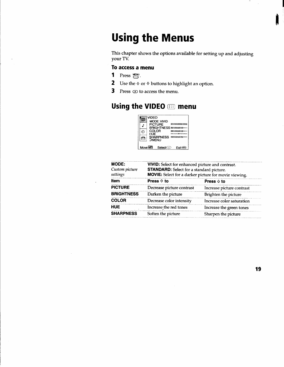 To access a menu, Using the video ^ menu, Using the menus | Sony KV-27V66 User Manual | Page 20 / 39
