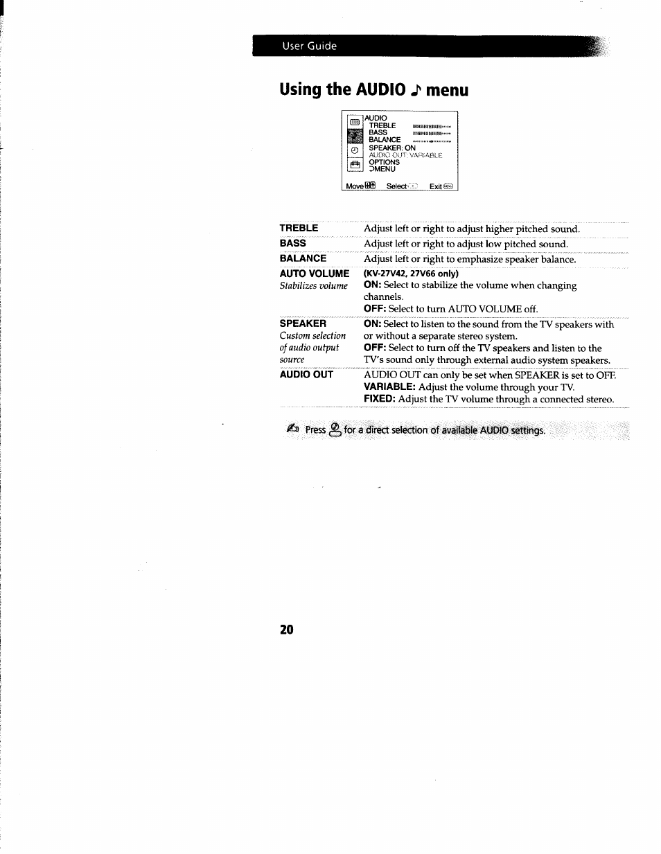 Using the audio j' menu | Sony KV-27V66 User Manual | Page 21 / 39