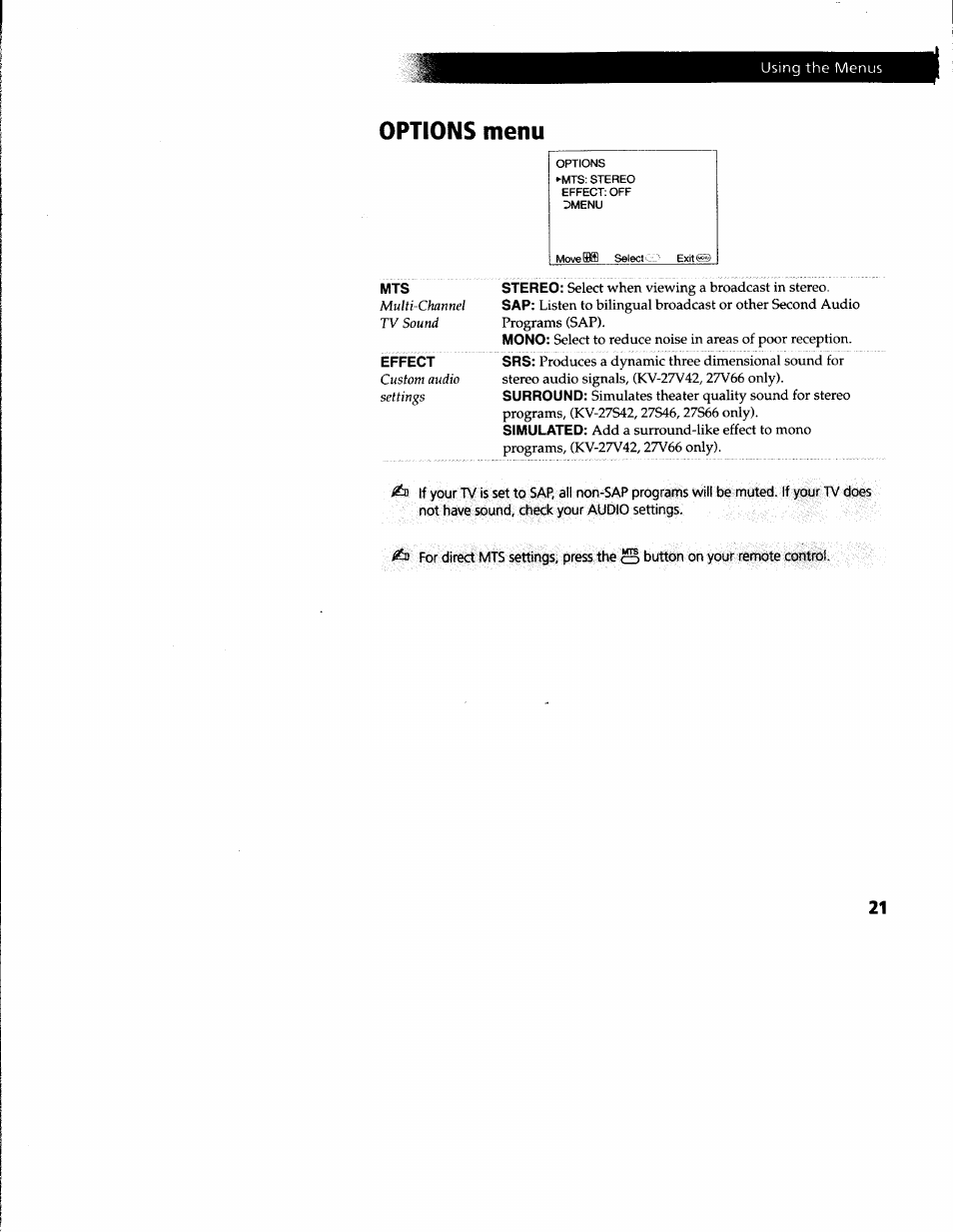 Options menu | Sony KV-27V66 User Manual | Page 22 / 39