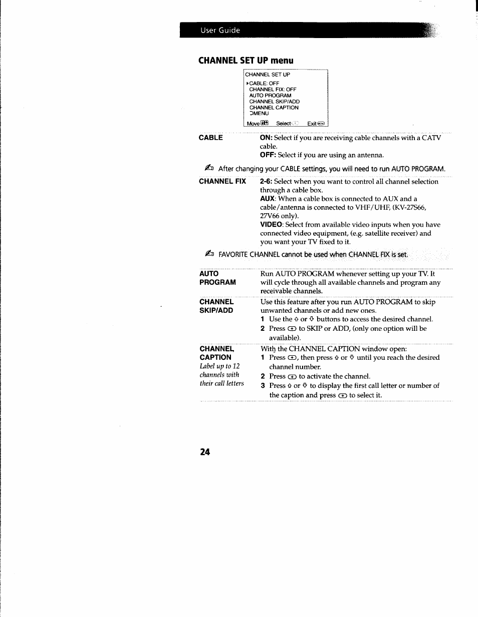 Channel set up menu | Sony KV-27V66 User Manual | Page 25 / 39