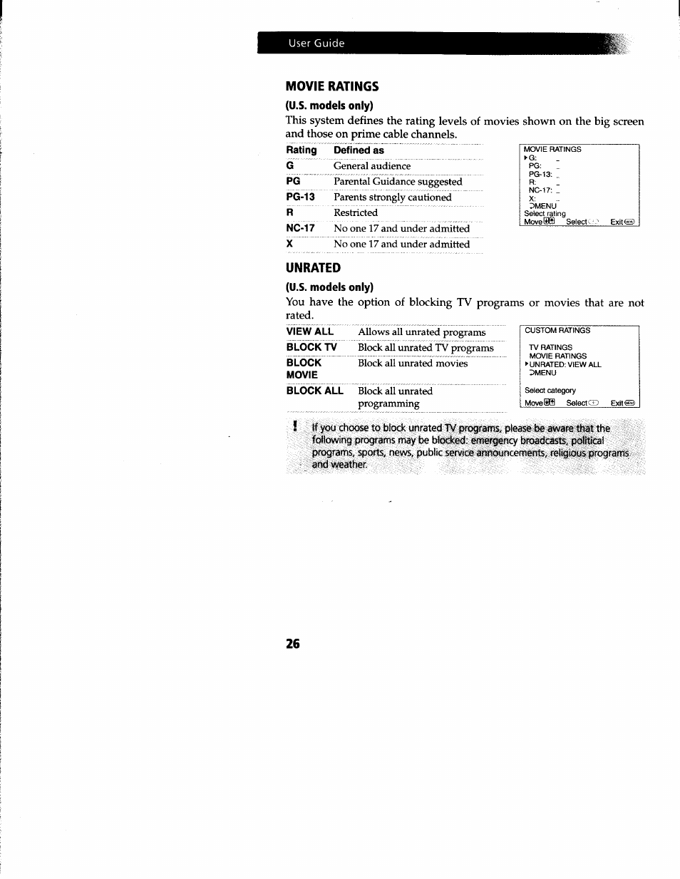 Movie ratings, Unrated | Sony KV-27V66 User Manual | Page 27 / 39