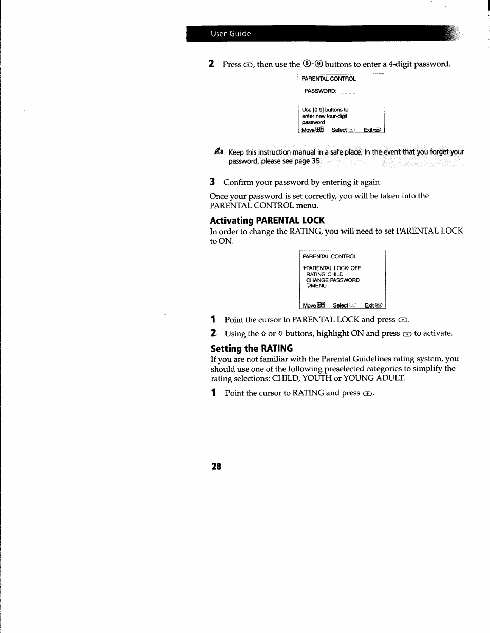 Activating parental lock, Setting the rating | Sony KV-27V66 User Manual | Page 29 / 39