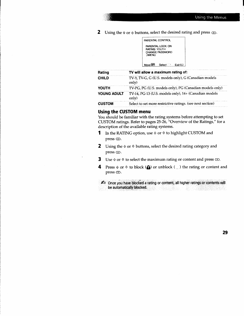 Using the custom menu | Sony KV-27V66 User Manual | Page 30 / 39