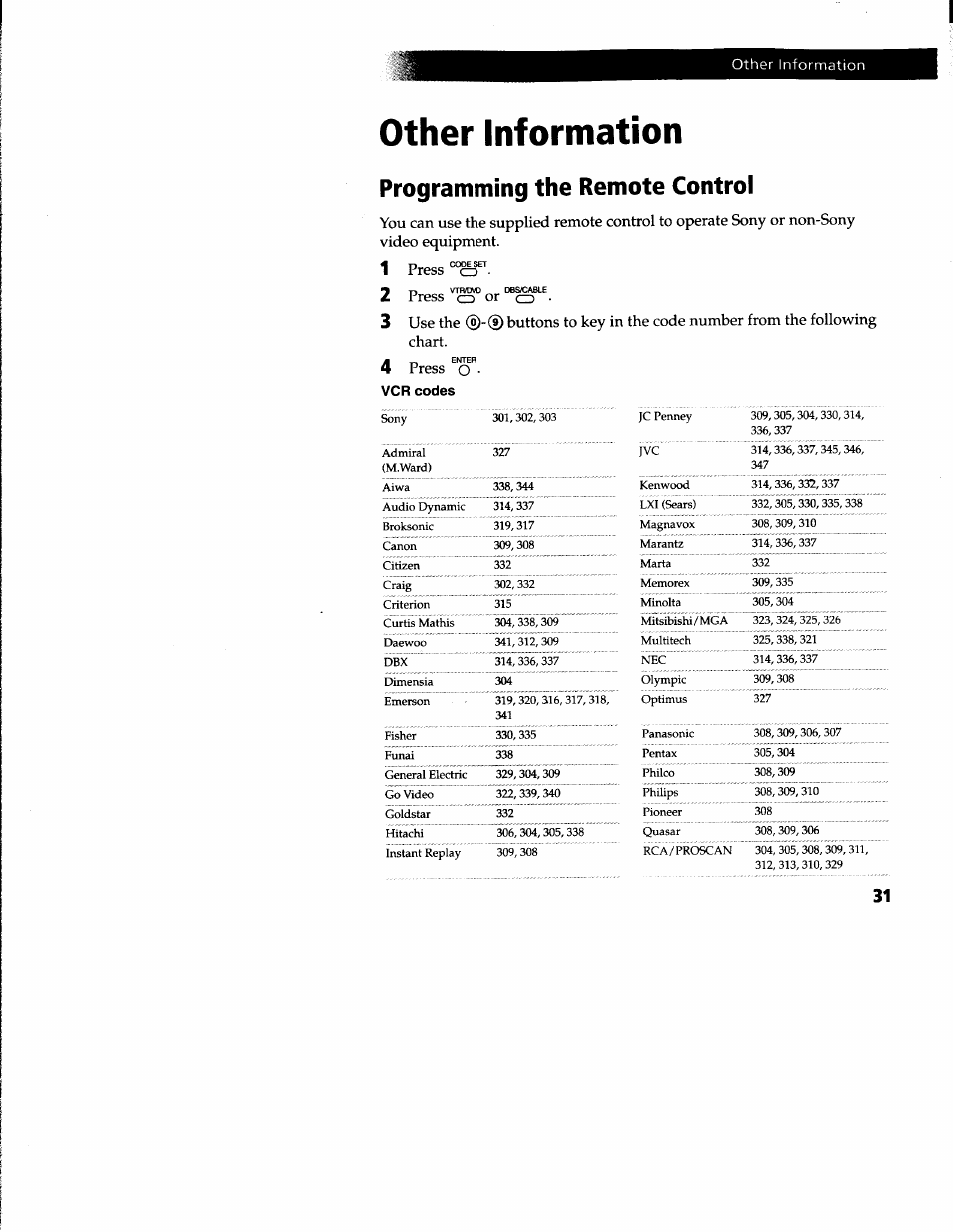 Programming the remote control, Other information, Press | Press o | Sony KV-27V66 User Manual | Page 32 / 39
