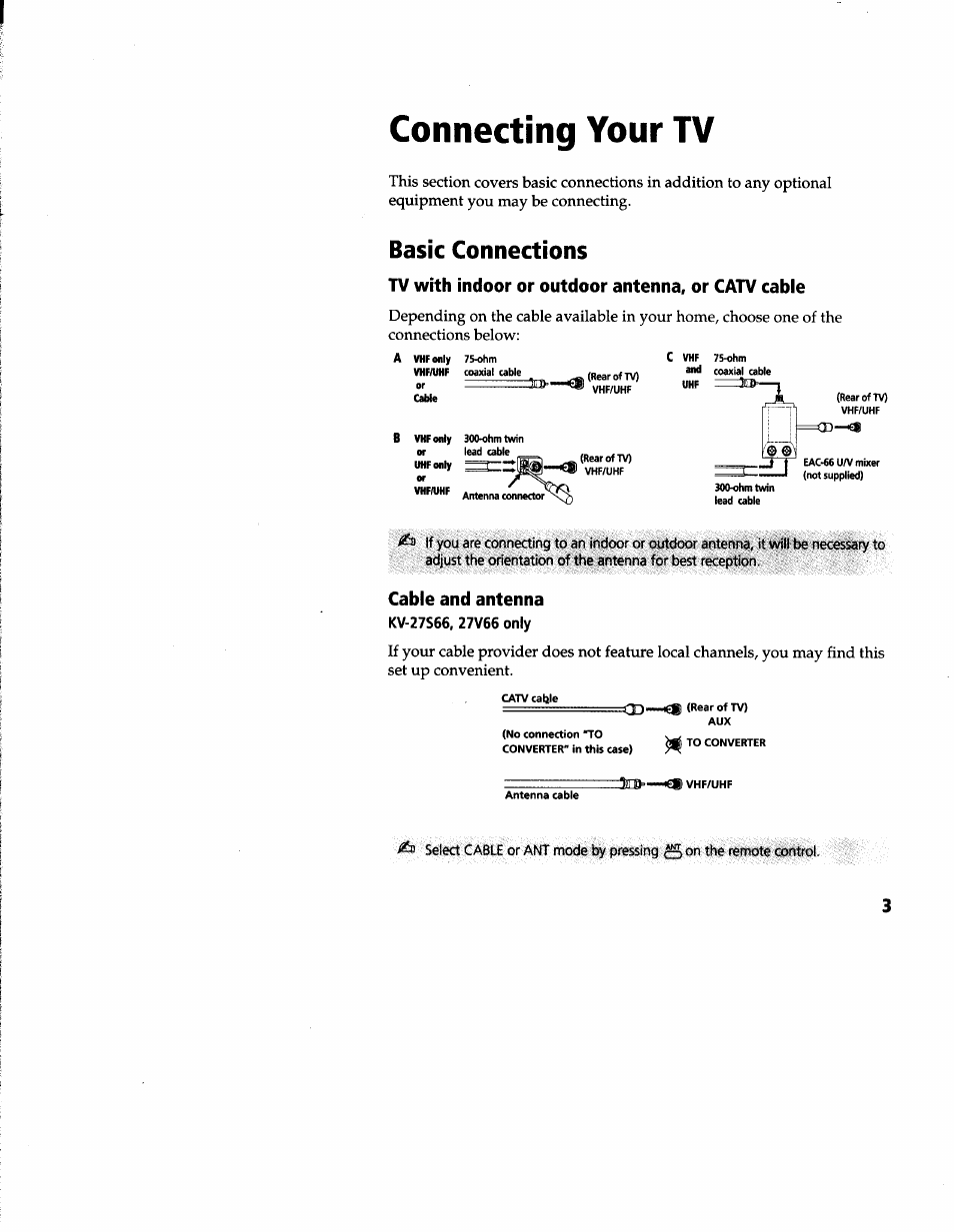 Basic connections, Tv with indoor or outdoor antenna, or catv cable, Cable and antenna | Connecting your tv | Sony KV-27V66 User Manual | Page 4 / 39