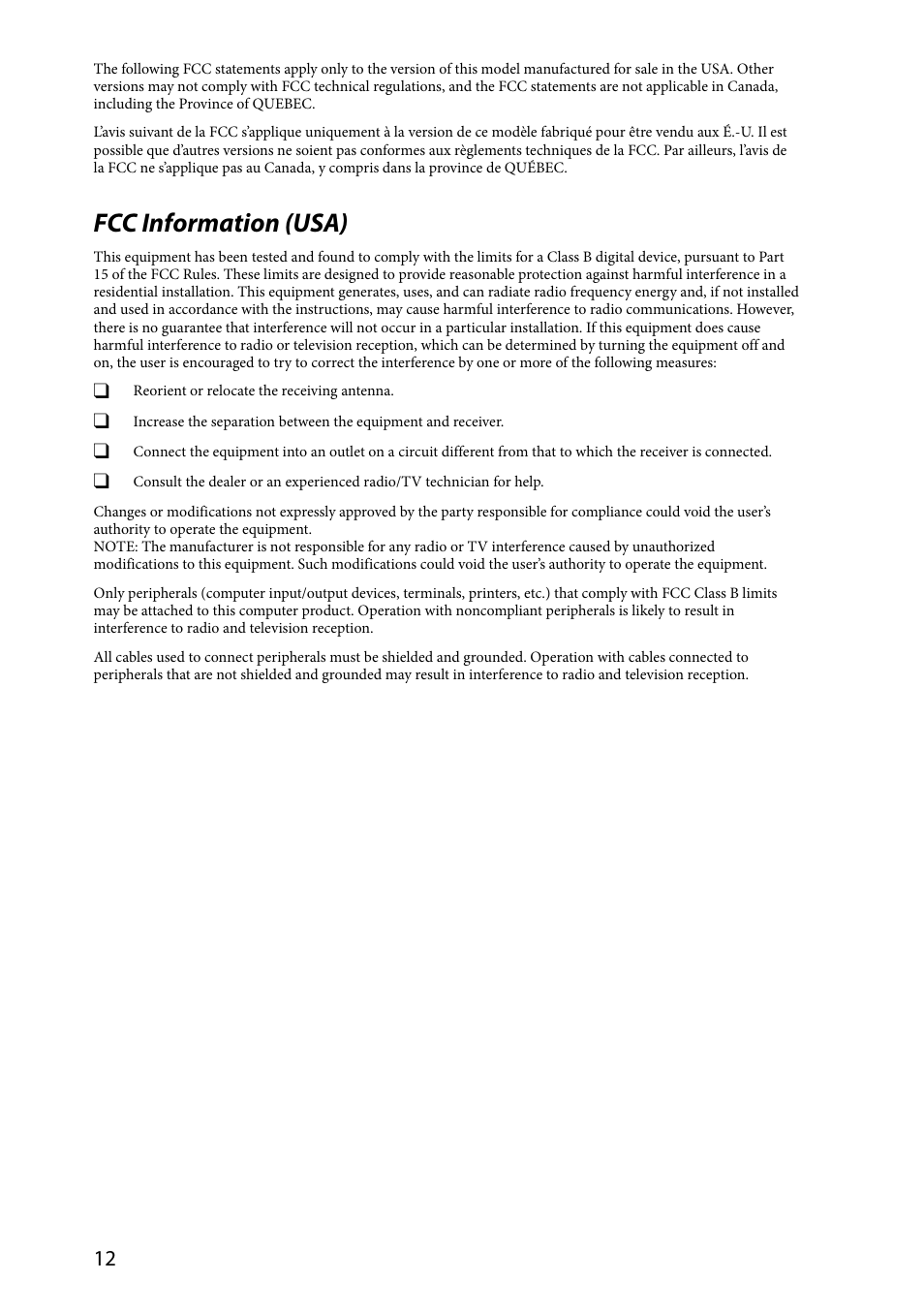 Fcc information (usa) | Sony SVL24112FXB User Manual | Page 12 / 32