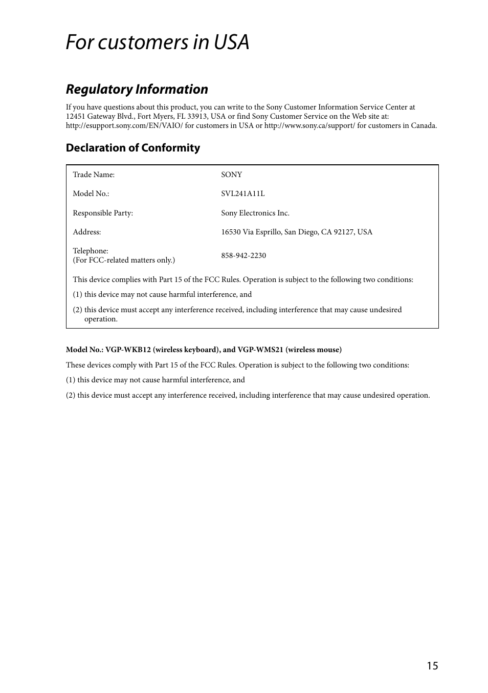 For customers in usa, Regulatory information, Declaration of conformity | Sony SVL24112FXB User Manual | Page 15 / 32