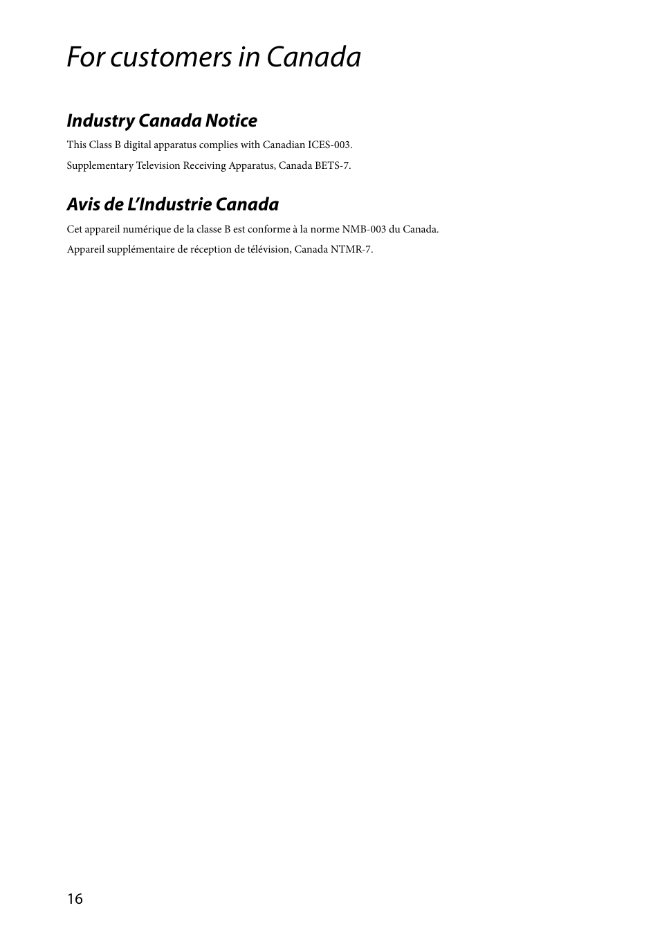 For customers in canada | Sony SVL24112FXB User Manual | Page 16 / 32