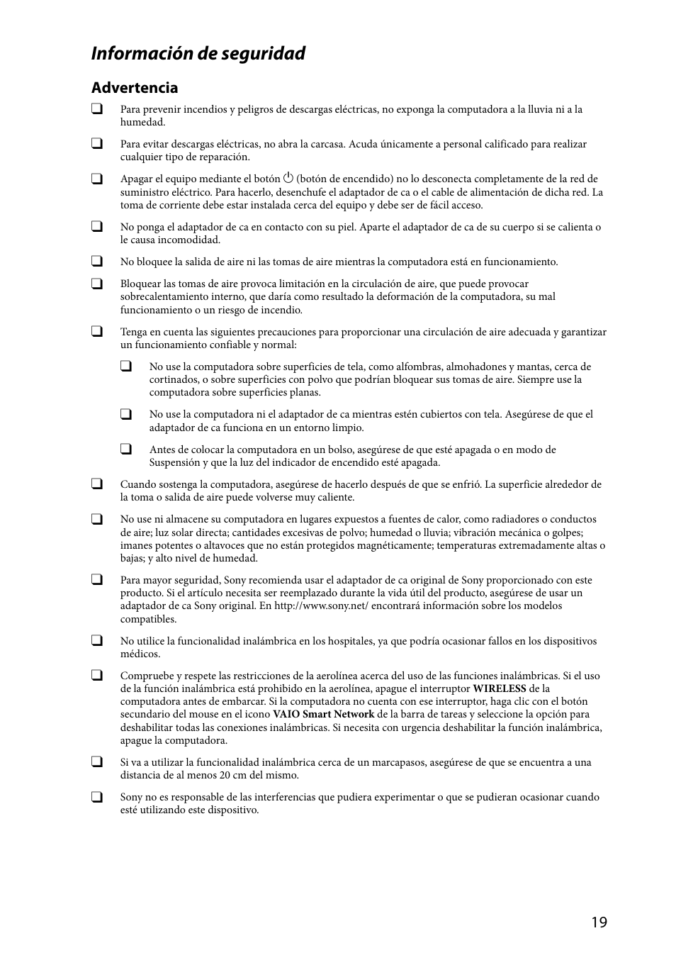 Información de seguridad, Advertencia | Sony SVL24112FXB User Manual | Page 19 / 32