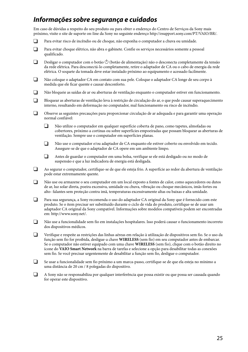 Informações sobre segurança e cuidados | Sony SVL24112FXB User Manual | Page 25 / 32