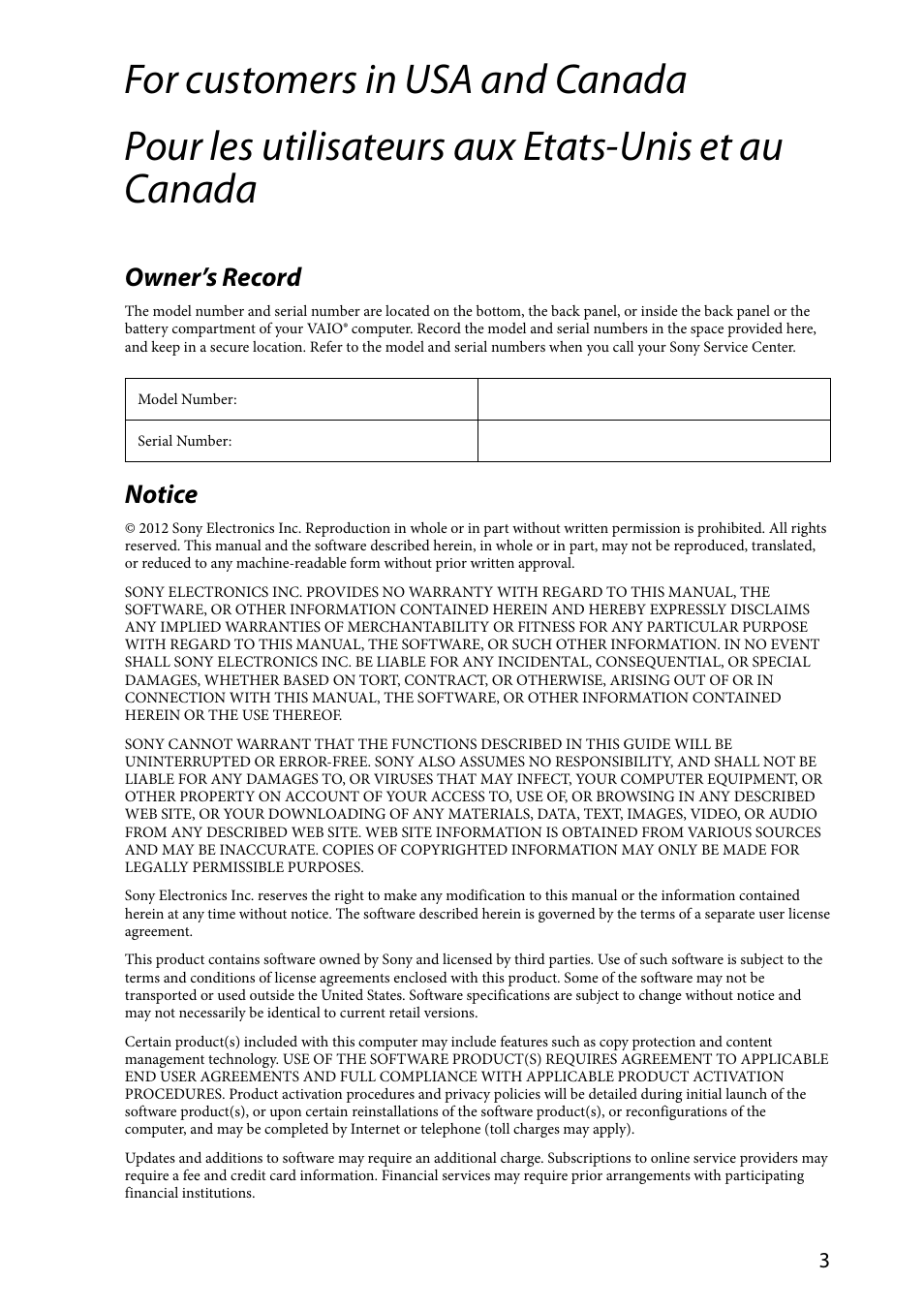 Owner’s record, Notice | Sony SVL24112FXB User Manual | Page 3 / 32