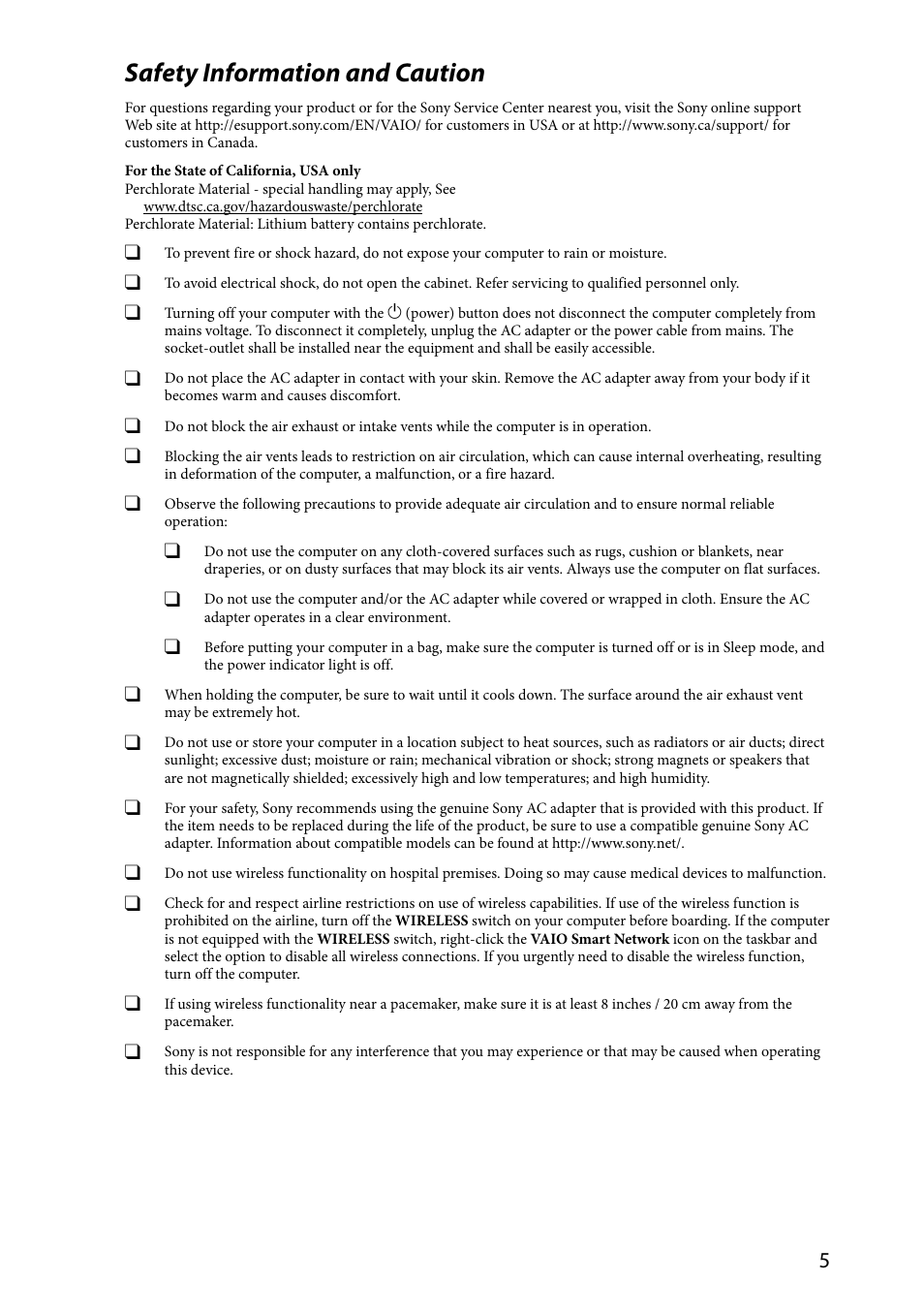 Safety information and caution | Sony SVL24112FXB User Manual | Page 5 / 32