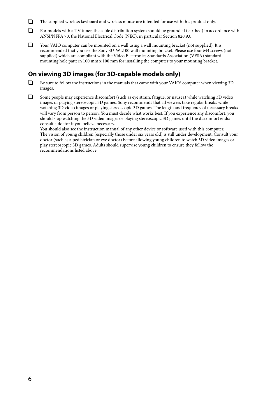 On viewing 3d images (for 3d-capable models only) | Sony SVL24112FXB User Manual | Page 6 / 32