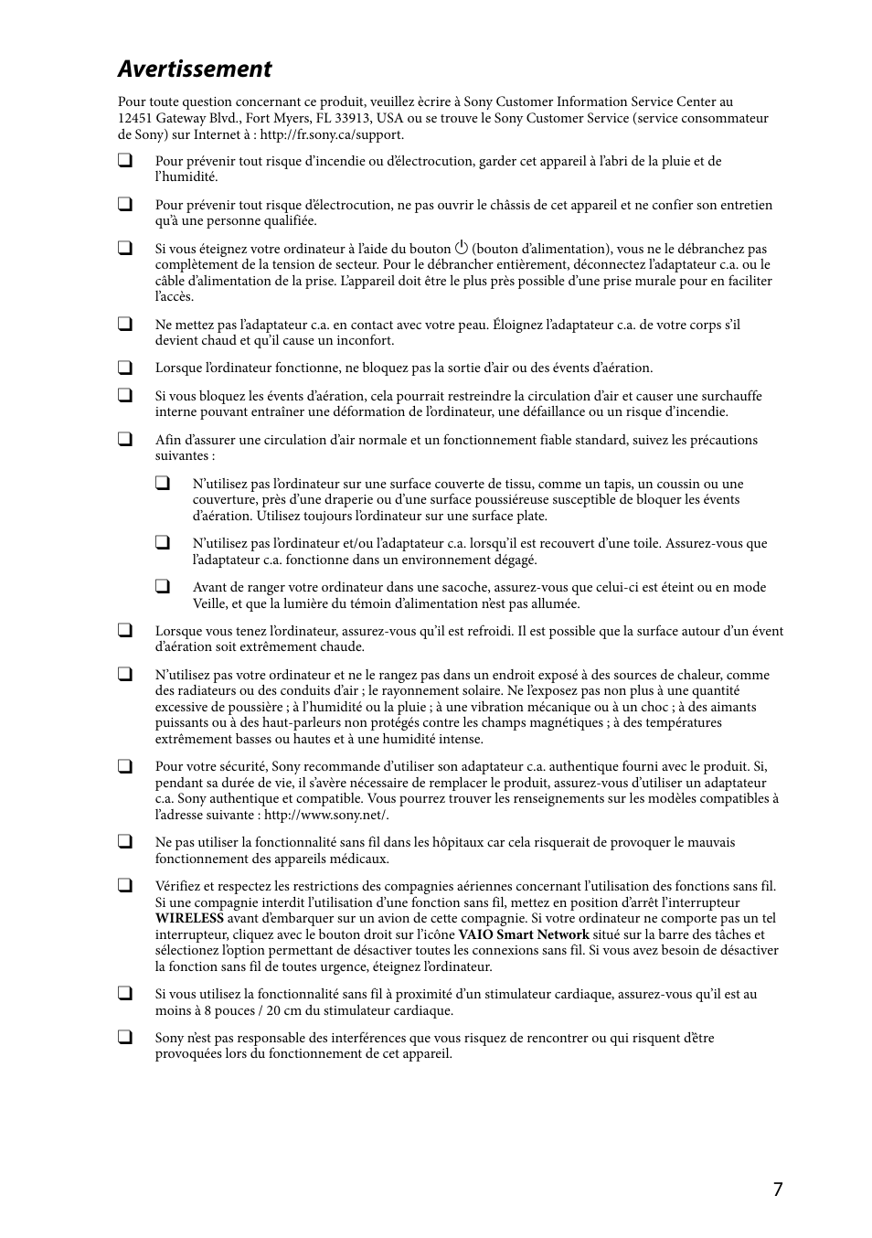 Avertissement | Sony SVL24112FXB User Manual | Page 7 / 32