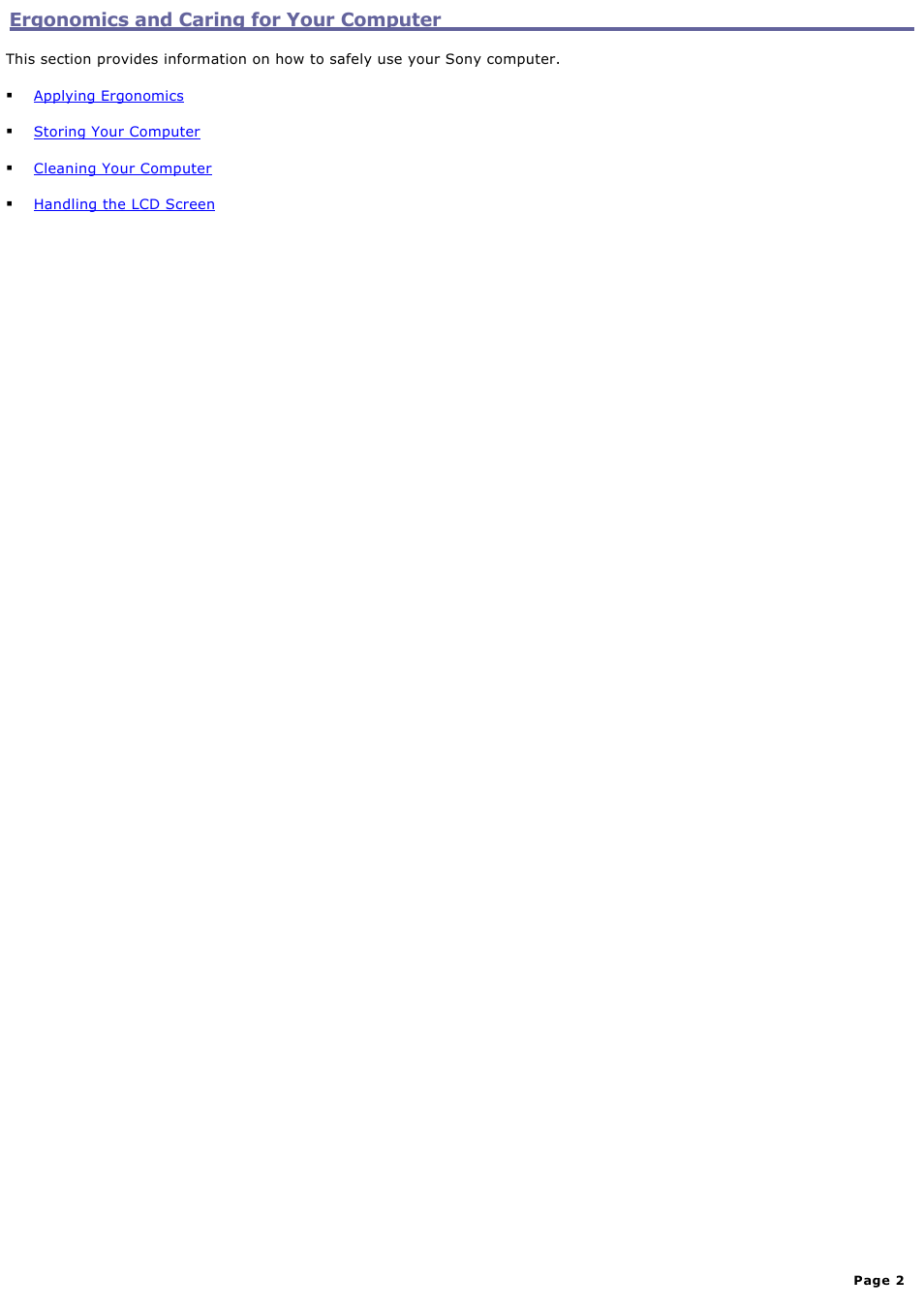 Ergonomics and caring for your computer | Sony VGN-A140B User Manual | Page 2 / 315