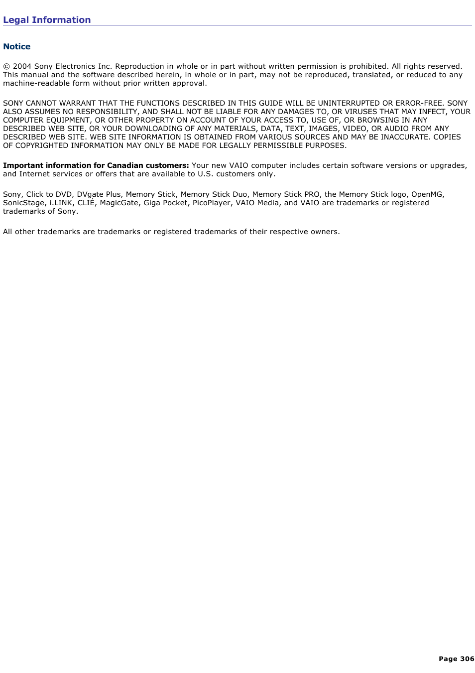 Legal information | Sony VGN-A140B User Manual | Page 306 / 315