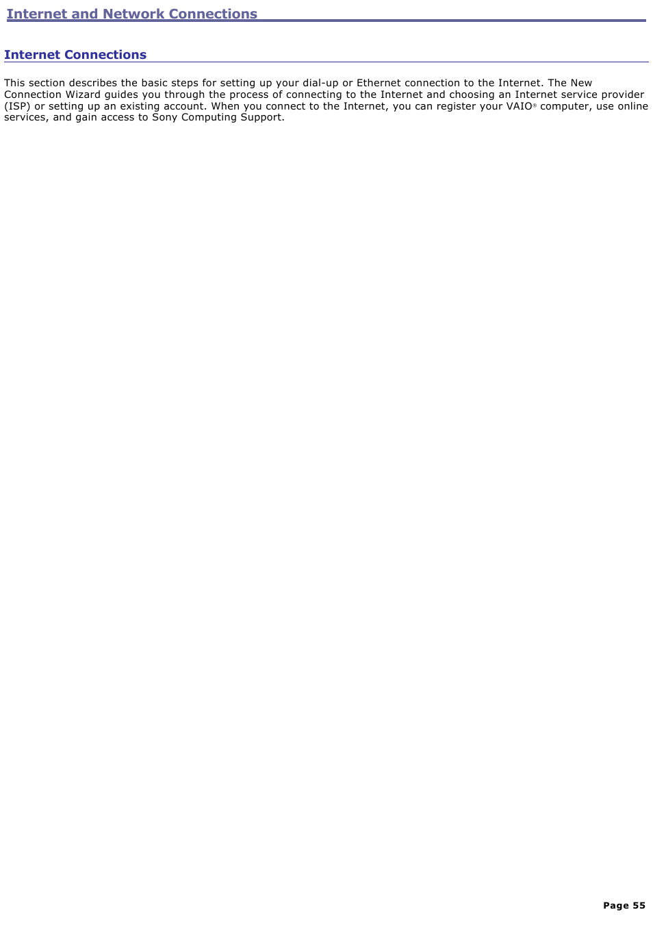 Internet connections, Internet and network connections | Sony VGN-A140B User Manual | Page 55 / 315