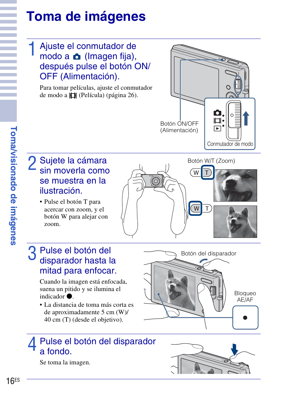 Toma/visionado de imágenes, Toma de imágenes | Sony DSC-W190 User Manual | Page 70 / 112