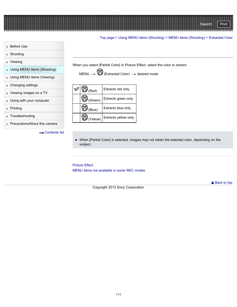 Extracted color, Cyber-shot user guide | Sony DSC-WX100 User Manual | Page 111 / 257