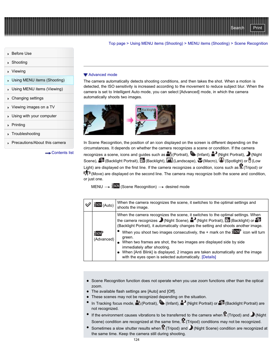 Scene recognition, Cyber-shot user guide | Sony DSC-WX100 User Manual | Page 124 / 257