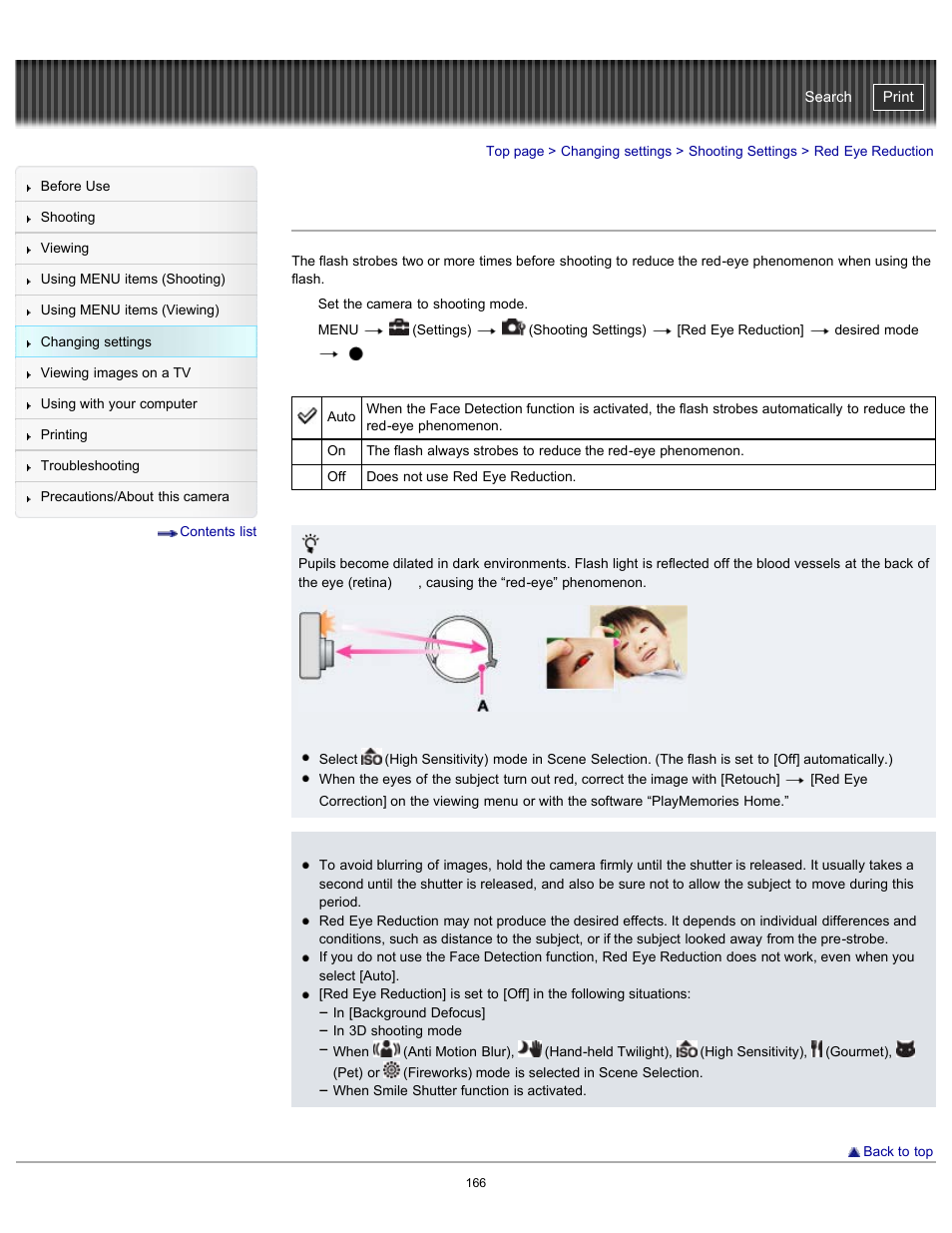 Red eye reduction, Cyber-shot user guide | Sony DSC-WX100 User Manual | Page 166 / 257