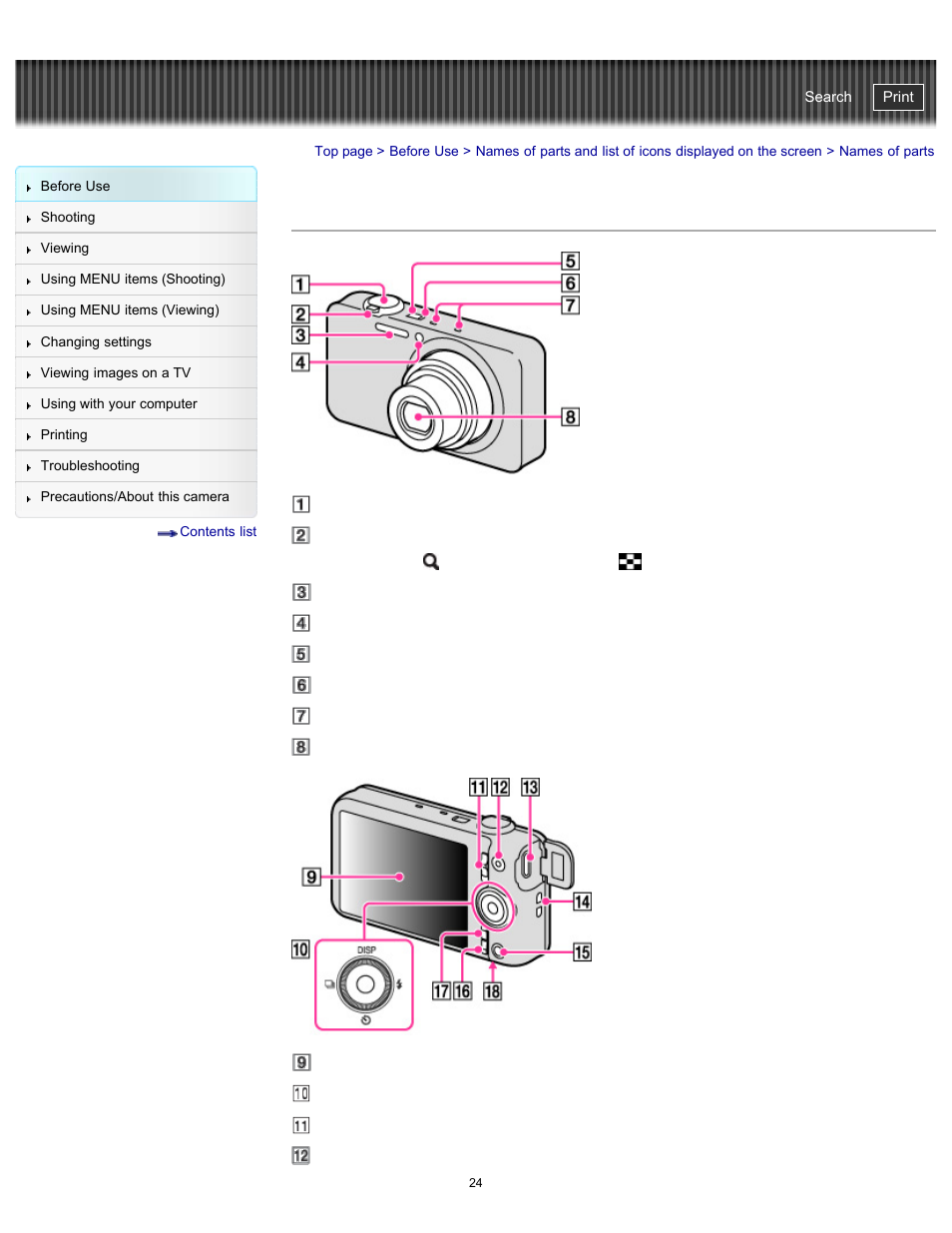 Names of parts, Cyber-shot user guide | Sony DSC-WX100 User Manual | Page 24 / 257