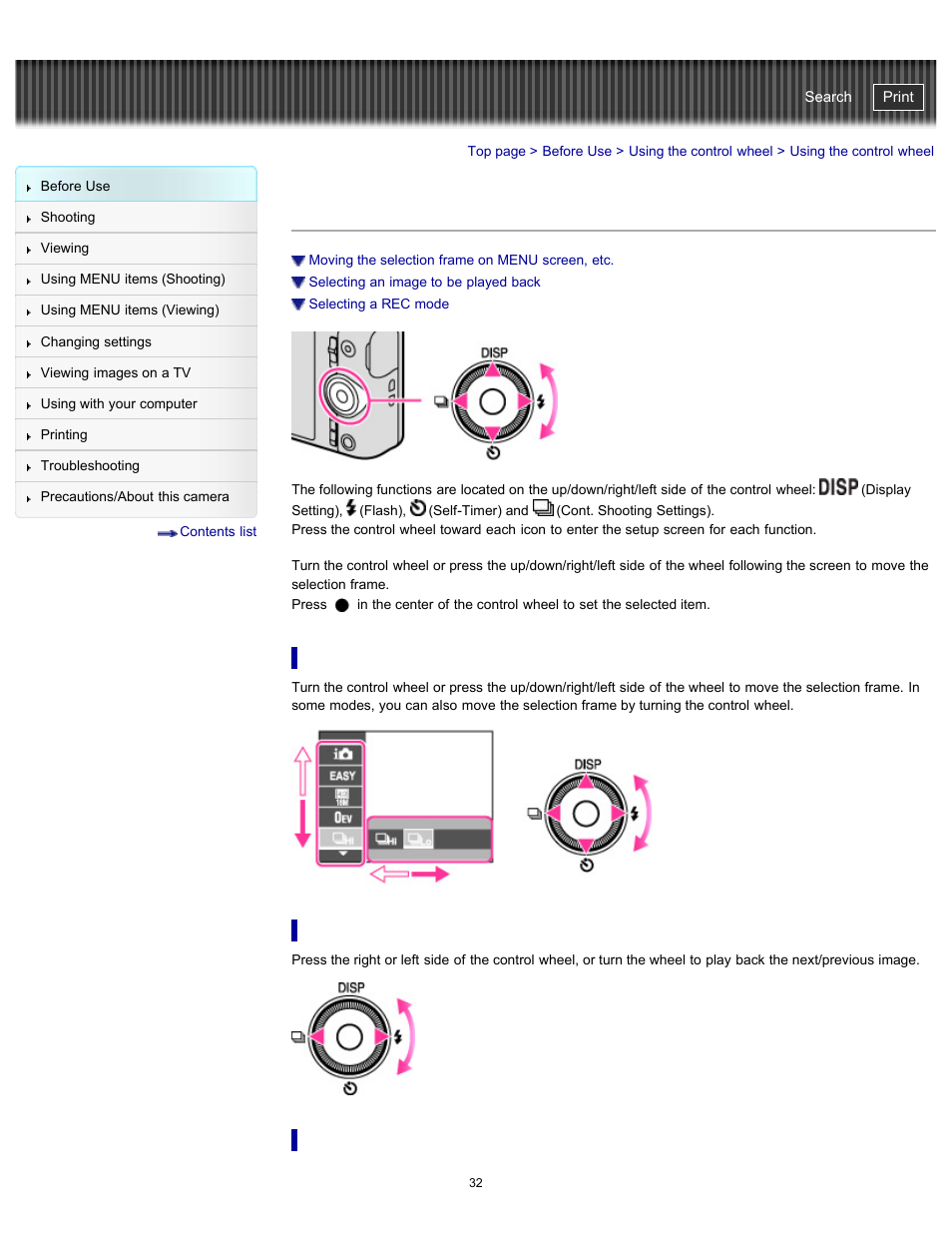 Using the control wheel | Sony DSC-WX100 User Manual | Page 32 / 257