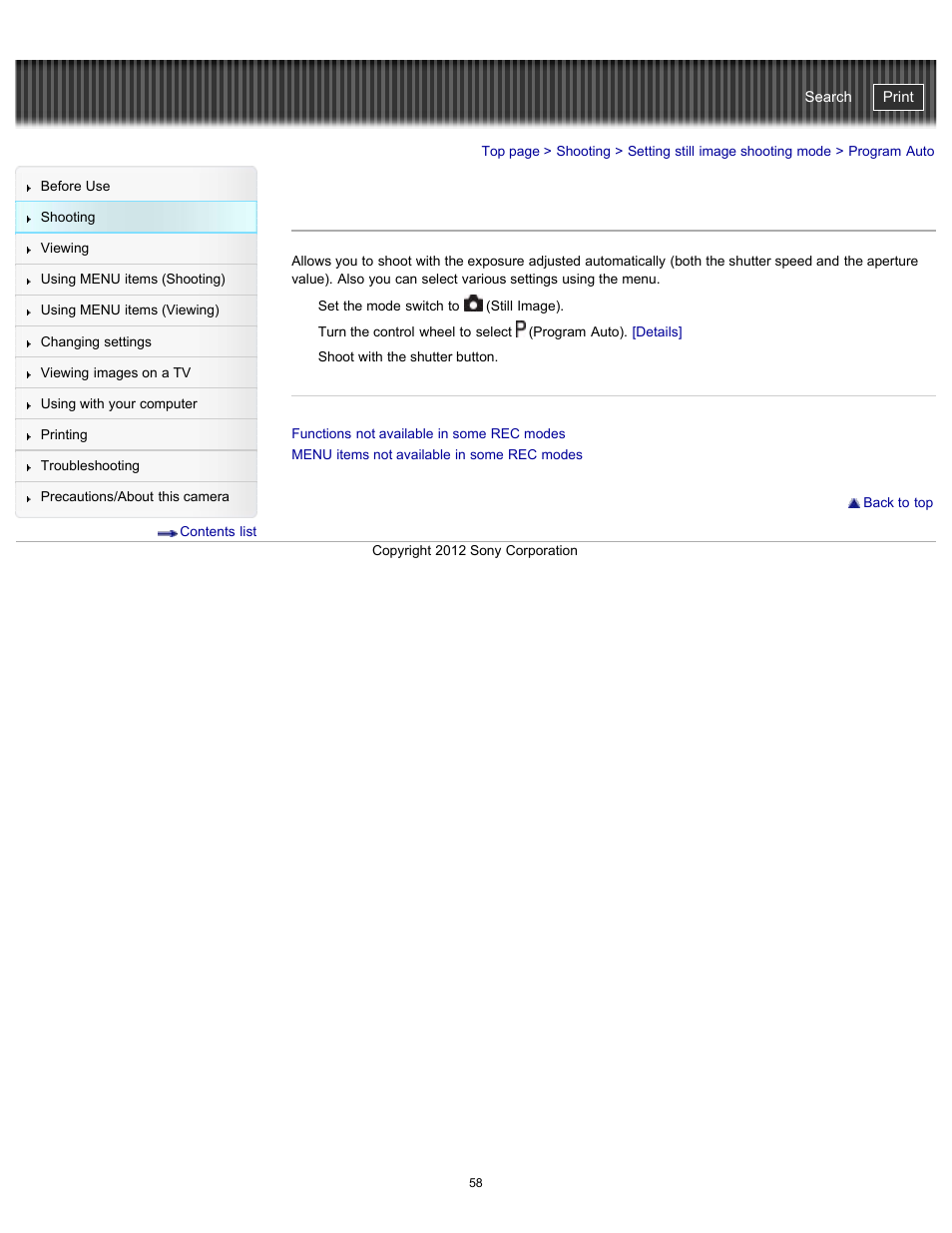 Program auto, Cyber-shot user guide | Sony DSC-WX100 User Manual | Page 58 / 257