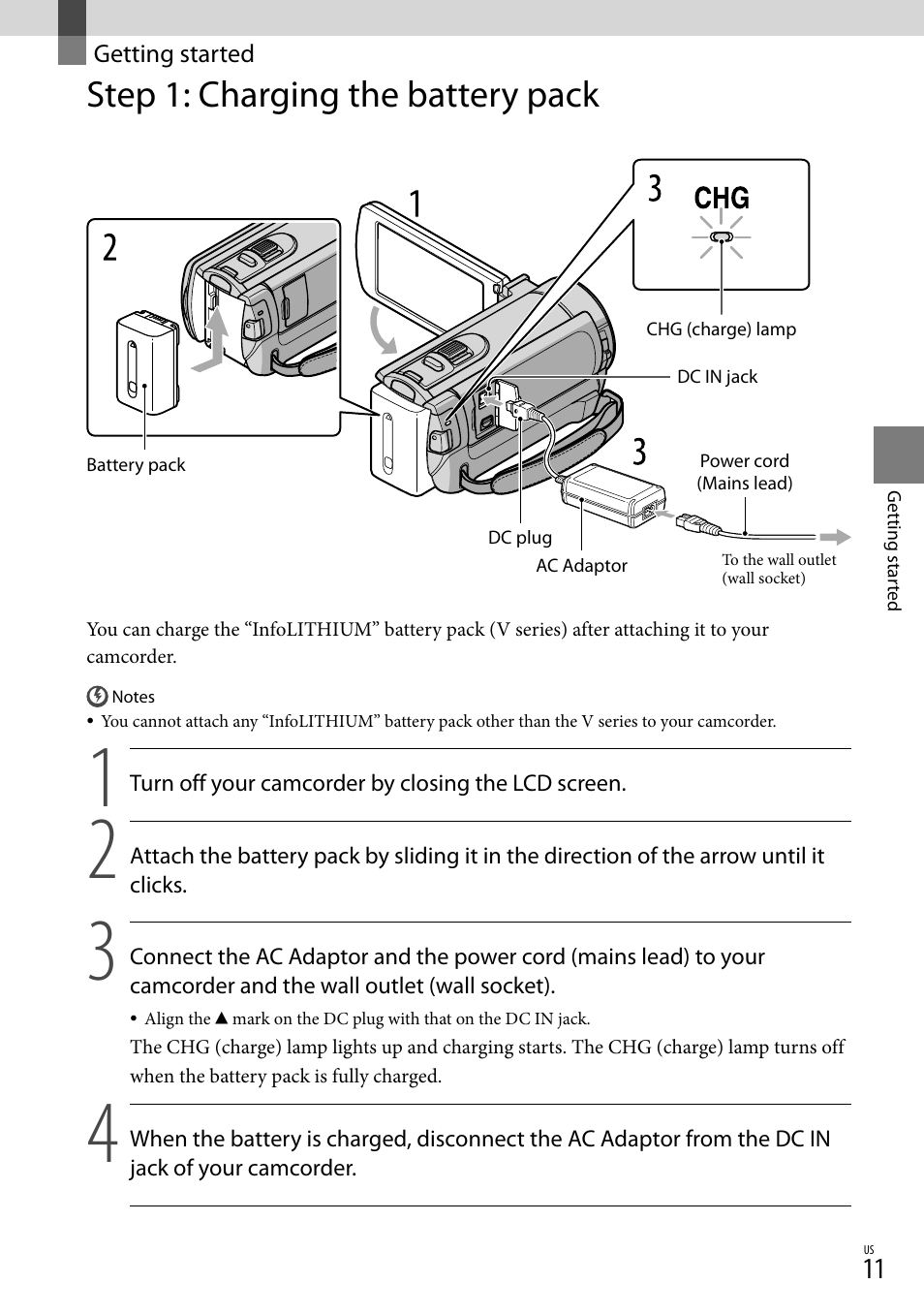 Getting started, Step 1: charging the battery pack | Sony DCR-SX83 User Manual | Page 11 / 96