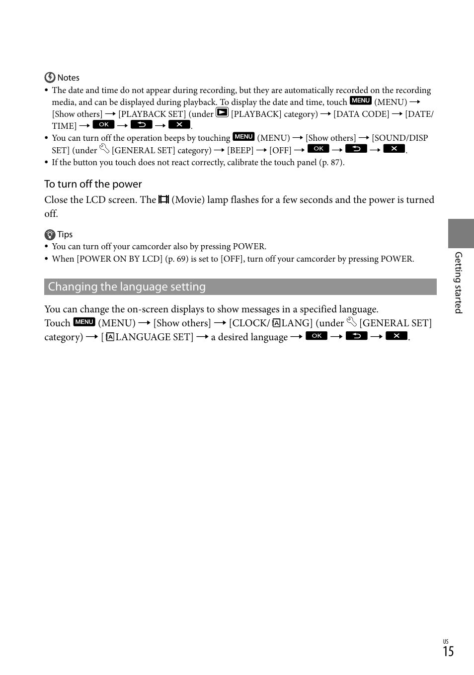 Changing the language setting | Sony DCR-SX83 User Manual | Page 15 / 96