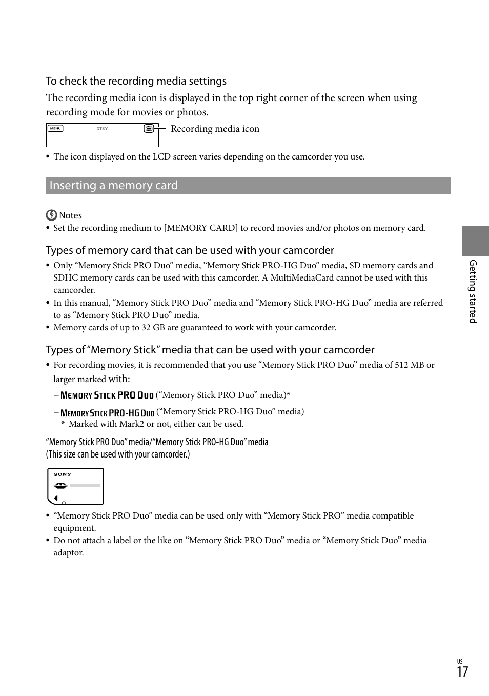Inserting a memory card, E 17 f | Sony DCR-SX83 User Manual | Page 17 / 96