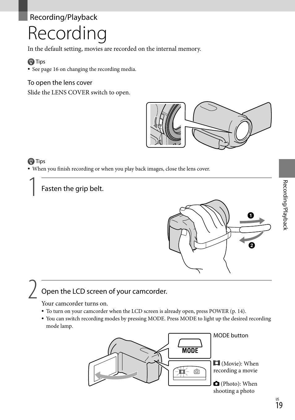 Recording/playback, Recording | Sony DCR-SX83 User Manual | Page 19 / 96