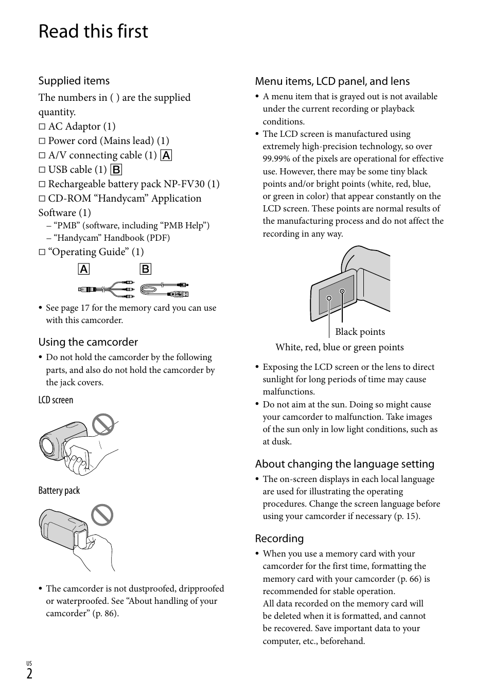 Read this first, Supplied items, Using the camcorder | Menu items, lcd panel, and lens, About changing the language setting, Recording | Sony DCR-SX83 User Manual | Page 2 / 96