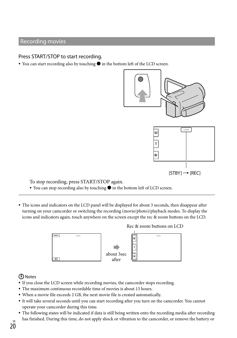 Recording movies, Press start/stop to start recording | Sony DCR-SX83 User Manual | Page 20 / 96